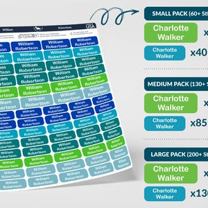 May include: Sheet of personalized name labels with the name "William Robertson" in various colors. The labels are rectangular with rounded corners. The image also shows pack sizes with the name "Charlotte Walker".