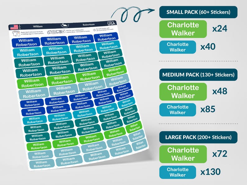 May include: Sheet of personalized name labels with the name "William Robertson" in various colors. The labels are rectangular with rounded corners. The image also shows pack sizes with the name "Charlotte Walker".