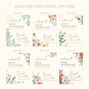 May include: Six different welcome sign designs for a wedding. Each design features a watercolor floral illustration with a gold text overlay. The text reads "Welcome to our wedding" with the couple's names and wedding date. The floral designs include eucalyptus, roses, and other greenery.