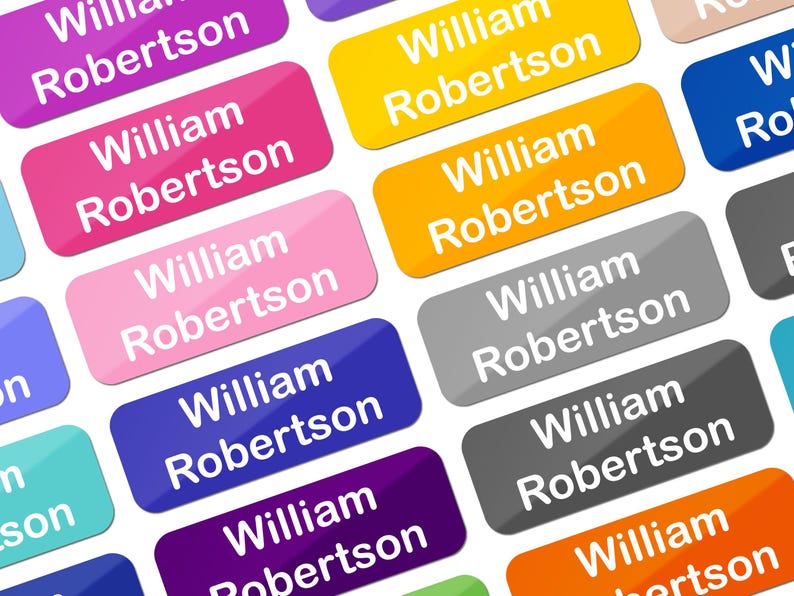 May include: A collection of rectangular labels in various colors, each with the name "William Robertson" printed in white. The labels are arranged in a grid pattern, with colors including pink, yellow, orange, and blue.