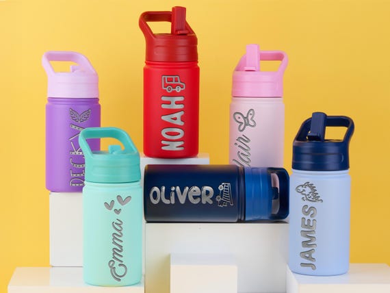 Personalized Kids Water Bottle with Straw, Back to School, 12 oz Stainless Steel Custom Laser Engraved for Boys and Girls, Summer Camp