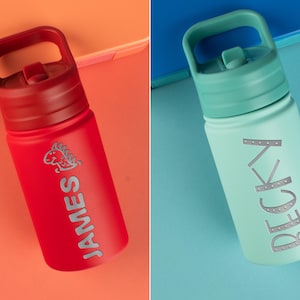 May include: Two reusable water bottles with carrying handles and flip-top lids. The red bottle features a dinosaur graphic and the name JAMES in silver. The light green bottle features the name BECKY in a silver, rivet-style font design.