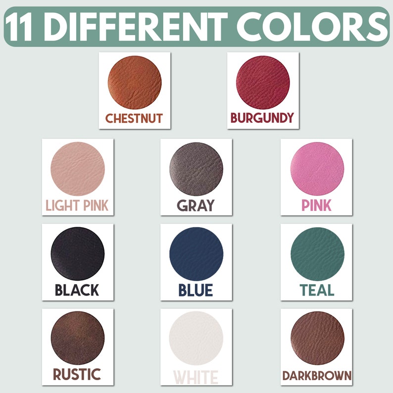 Pu&ograve; includere: Un grafico che mostra 11 colori diversi di pelle. I colori sono: castano, bordeaux, rosa chiaro, grigio, rosa, nero, blu, verde acqua, rustico, bianco e marrone scuro.