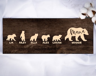 May include: A wooden sign with the word "mama" and bear silhouettes. The bears are labeled with the names Lia, Riley, Ella, Alex, Logan, and Maggie.