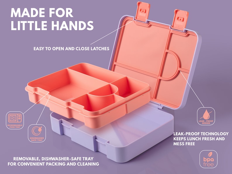 May include: A two-tone lunch box with a peach-colored interior and a lavender exterior. The lunch box has multiple compartments and easy-to-open latches. Text on the image reads "Made for Little Hands" and "Removable, Dishwasher-Safe Tray".