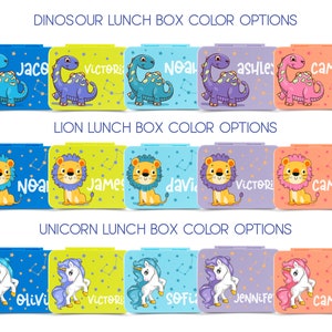 May include: A collection of personalized lunch boxes featuring dinosaur, lion, and unicorn designs. Each box has a different color scheme and a name printed on it. The text "DINOSOUR LUNCH BOX COLOR OPTIONS", "LION LUNCH BOX COLOR OPTIONS", and "UNICORN LUNCH BOX COLOR OPTIONS" is displayed.