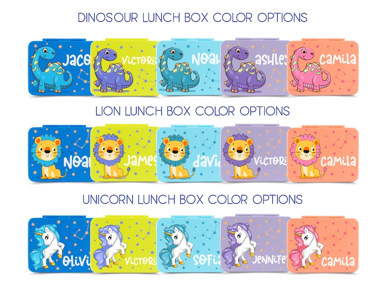 May include: A collection of personalized lunch boxes featuring dinosaur, lion, and unicorn designs. Each box has a different color scheme and a name printed on it. The text "DINOSOUR LUNCH BOX COLOR OPTIONS", "LION LUNCH BOX COLOR OPTIONS", and "UNICORN LUNCH BOX COLOR OPTIONS" is displayed.