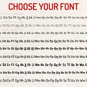 May include: A graphic displaying nine different font styles, each with a sample of the alphabet. The title "CHOOSE YOUR FONT" is in red, with each font numbered and labeled.