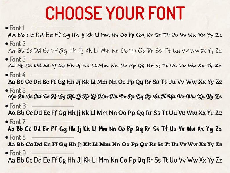 May include: A graphic displaying nine different font styles, each with a sample of the alphabet. The title "CHOOSE YOUR FONT" is in red, with each font numbered and labeled.
