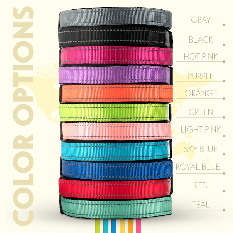 May include: A stack of 11 colourful dog collars in various colours, including grey, black, hot pink, purple, orange, green, light pink, sky blue, royal blue, red, and teal.