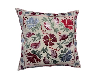 Stunning Hand Embroidered Suzani Pillow Case, Traditional Uzbek Accent Design, 44cm x 44cm (17"x17") Cushion Cover