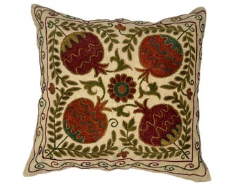 Hand Embroidered Suzani Pillow Case, Pomegranate Uzbek Accent Design, 44cm x 44cm (17"x17") Cushion Cover