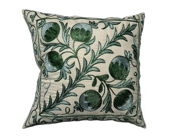 Uzbek Handmade Green Suzani, Embroidered Pillow Case, 46cm x 44cm  (18" x 17") Cushion Cover