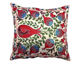 Uzbek Embroidered Handmade Pomegranate Suzani, Pillow Case, 48cm x 42cm (19" x 17") Cushion Cover