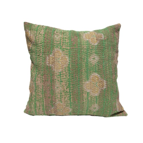 Vintage Green Indian Kantha Handmade Cushion Cover, 45cm x 45cm (18" x 18")