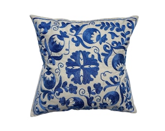 Blue Hand Embroidered Suzani Pillow Case, Uzbek Accent Design, 44cm x 44cm (17"x17") Cushion Cover