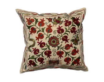 Uzbek Handmade Unique Suzani, Embroidered Pillow Case, 46cm x 44cm  (18" x 17") Cushion Cover