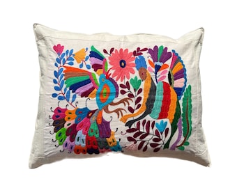 Tenango Colourful Home Pillow Case, Hand Embroidered Mexican Otomi Cushion Cover, 55cm x 45cm (22" x 18")