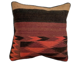Striped Vintage Afghan Handwoven Red Kilim Carpet Cushion Cover, 45cm x 45cm, (18" x 18")