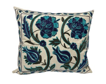 Blue Suzani, Uzbek Handmade Embroidered Pillow Case, 48cm x 42cm (19" x 17") Cushion Cover