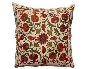 Hand Embroidered Suzani Pillow Case, Traditional Uzbek Accent Design, 44cm x 44cm (17"x17") Cushion Cover