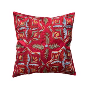 Red Silk Suzani, Uzbek Handmade Embroidered Pillow Case, 48cm x 48cm  (19&quot; x 19&quot;) Cushion Cover