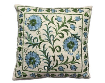 Uzbek Handmade Green Suzani, Embroidered Pillow Case, 46cm x 44cm  (18" x 17") Cushion Cover