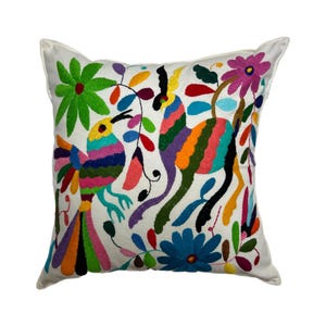 White Otomi Mexican Hand Embroidered Pillow Cover, 18&quot; x 18&quot; (45cm x 45cm), Tenango Sham