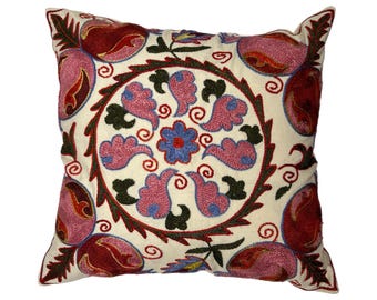 Uzbek Suzani Hand Embroidered Small Pillow Case, 44cm x 42 cm (18" x 16"), Throw Cushion Cover