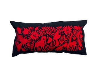 Red & Black Hand Embroidered Tenango Mexican Bolster Otomi Pillow Case, 24" x 12" (60cm x 30cm)