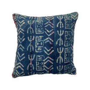 Indigo Block Print Kantha Vintage Indian Handmade Cushion Cover, 40cm x 40cm (16&quot; x 16&quot;), Handmade in India