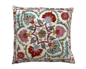 White Silk Uzbek Handmade Suzani, Embroidered Pillow Case, 46cm x 42cm  (18" x 16") Cushion Cover