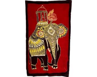 Sri Lanka Traditional Batik | Red Gold Elephant Wax Art | 78cm x 35cm (18&quot; x 31&quot;) | Handmade Wall Art