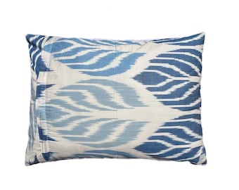 Uzbek Blue Lumbar Ikat, Handmade Persian Pillow Case, 64cm x 40cm (25"x16")