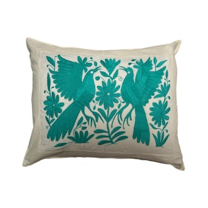 Blue and White Birds Hand Embroidered Mexican Otomi Cushion Cover, 57cm x 46cm (22&quot; x 18&quot;), Tenango Colourful Home