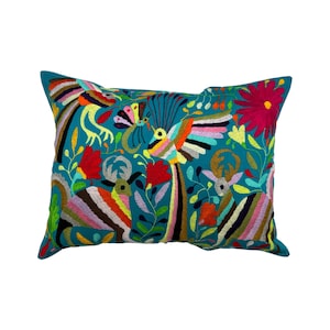 Blue Mexican Otomi, Hand Embroidered Tenango Cushion Cover, 22&quot; x 17&quot; (55cm x 42cm)