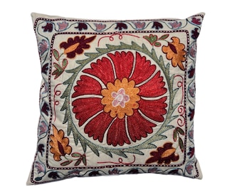 Beautiful Hand Embroidered Uzbek Suzani Throw Pillow Cover, 45cm x 45cm (18"x18")