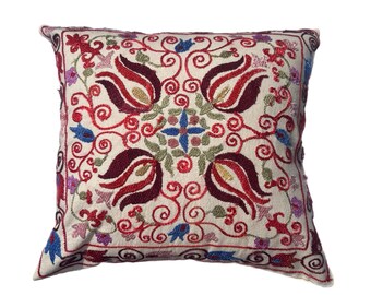 Uzbek Suzani Hand Embroidered Pillow Case, Ikat Back, 40cm x 43cm (16"x17") Throw Cushion Cover
