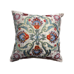 Decorative White Silk Uzbek Suzani Hand Embroidered Pillow Case, 44cm x 44cm (18&quot;x18&quot;), Throw Cushion Cover