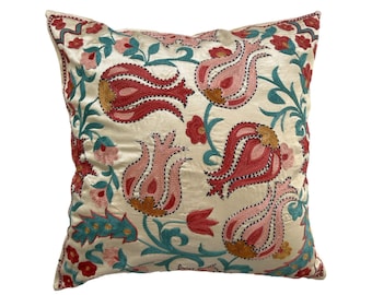 Gold Silk Suzani, Uzbek Handmade Embroidered Pillow Case, 46cm x 46cm  (18" x 18") Cushion Cover