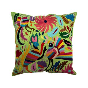Green Mexican Handmade Tenango Otomi Pillow Cover, 45cm x 45cm, 18&quot; x 18&quot;