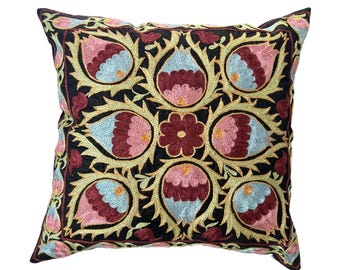 Silk Ikat Back Decorative Uzbek Suzani Hand Embroidered Pillow Case, 44cm x 44cm (17"x17")