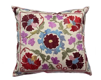 Uzbek Suzani Hand Embroidered Small Pillow Case, 44cm x 42 cm (18" x 16"), Throw Cushion Cover