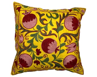Yellow Silk Ikat Back Decorative Uzbek Suzani Hand Embroidered Pillow Case, 44cm x 44cm (17"x17")