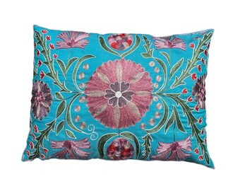 Blue Hand Embroidered Lumbar Suzani Pillow Case, Uzbek Accent Design, 64cm x 48cm (25"x19") Bespoke Cushion Cover
