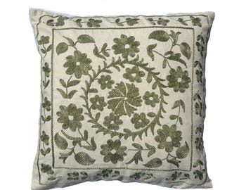 Green Suzani, Uzbek Handmade Embroidered Pillow Case, 46cm x 46cm  (18" x 18") Cushion Cover
