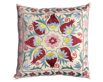 Stunning Hand Embroidered Suzani Pillow Case, Traditional Uzbek Accent Design, 44cm x 44cm (17"x17") Cushion Cover