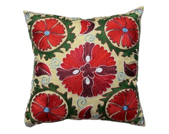 Hand Embroidered Suzani Pillow Cover: Uzbek Accent Design (17"x17")