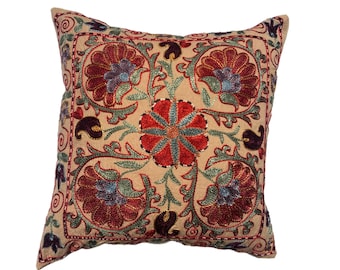 Hand Embroidered Suzani Pillow Case, Uzbek Accent Design, 42cm x 42cm (17"x17") Bespoke Cushion Cover