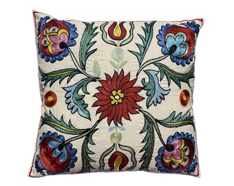 Uzbek Handmade Flower Suzani, Embroidered Pillow Case, 46cm x 44cm  (18" x 17") Cushion Cover